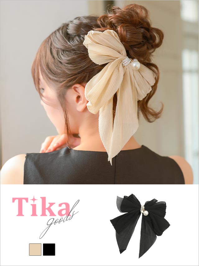 プリーツ ホワイトパール ビッグリボン バレッタ ヘアアクセサリー