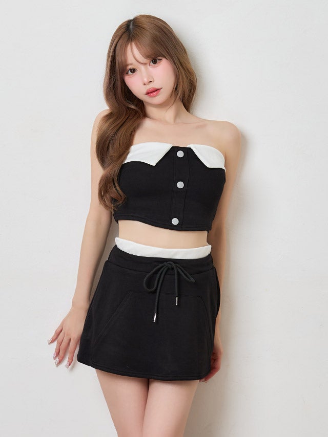 配色カラーベアトップ×ミニスカートセットアップ