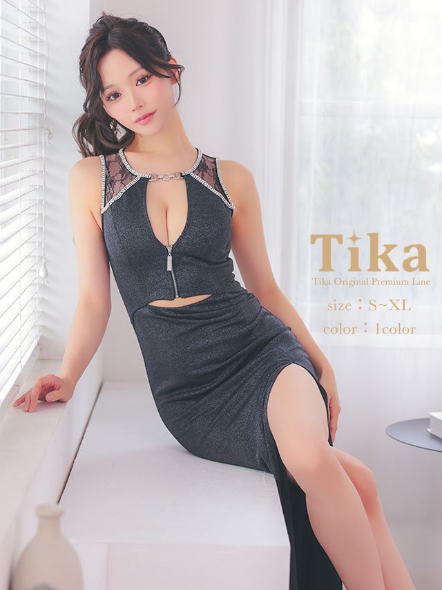 ロングドレス ノースリーブ ウエストカット ジップ 谷間 ジップ ストレッチ グリッターラメ シーレース ビジュー スリット 大きいサイズ ブラック 黒 XL タイト キャバドレス