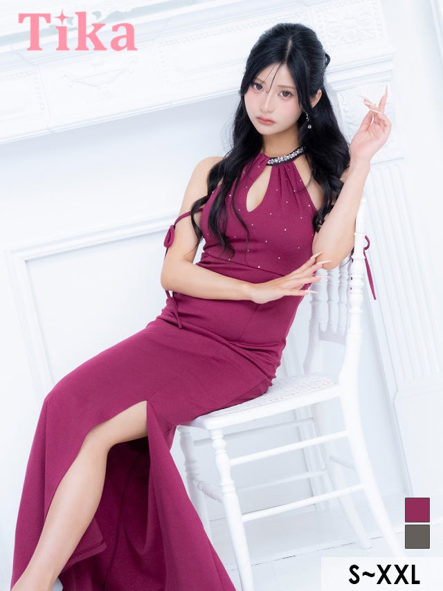 ロングドレス マーメイド ホルターネック ドット ビジュー キーホール 谷間 ビジュー リボン ストレッチ マゼンタピンク 大きいサイズ XL XXL タイト キャバドレス
