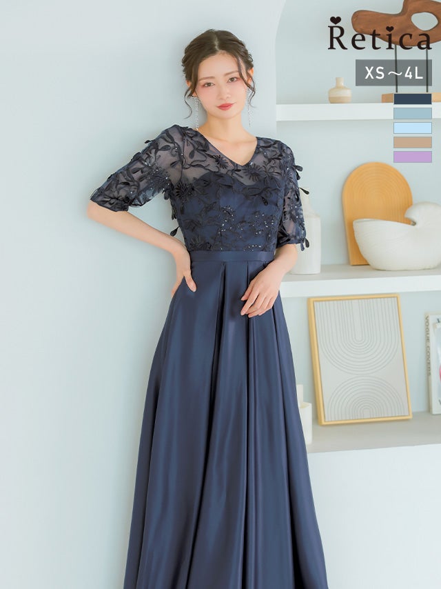 五分袖シースルー立体刺繍ウエスト切替バックレースアップロングスカート結婚式パーティードレス