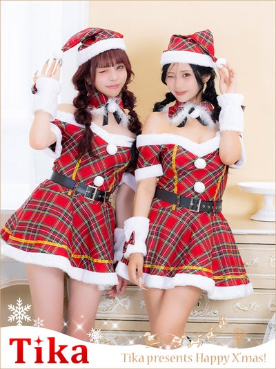 サンタコスプレ 5点set チェック オフショル ベルト付き フレアスカート 王道 [ワンピース+サンタ帽子+つけ襟+アームアクセサリー+ベルト]