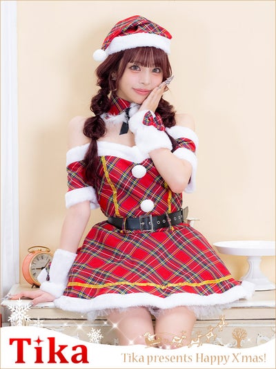 サンタコスプレ 5点set チェック オフショル ベルト付き フレアスカート 王道