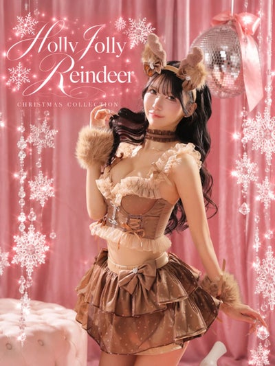 [DecoLingerie/デコランジェリー] [勝負下着] 高級 ブランド グリッターハート サテン チュールフリル リボン トナカイ サンタコスプレ 5点セット［ビスチェ/スカート/チョーカー/カチューシャ/カフス]