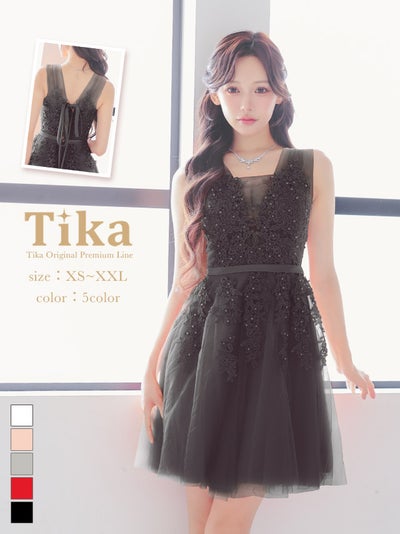バースデー 刺繍レース ノースリーブ 谷間 チュール ブラック 黒 XL XXL XSあり Aライン ミモレ丈 キャバドレス